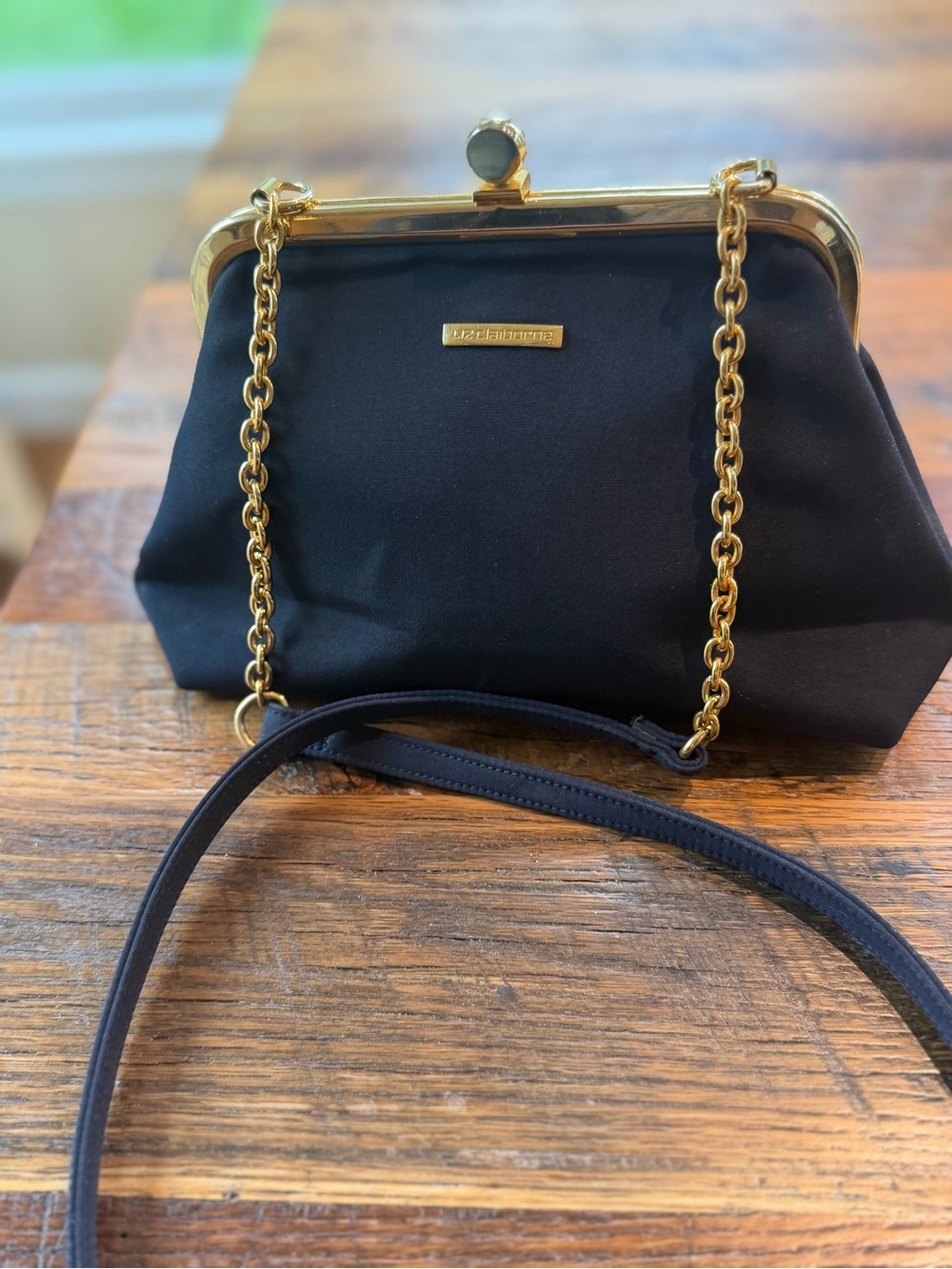 Liz Claiborne Black Clutch with Gold Chain Frame